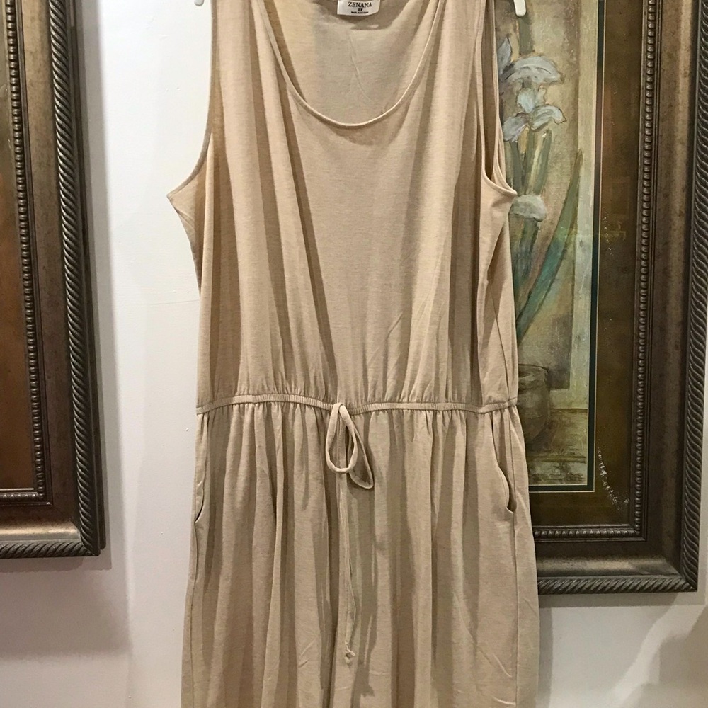 Zenana Outfitters Beige Sleeveless Drawstring Lounge Dress